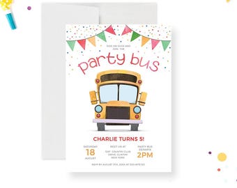 School Bus Birthday Party Invitation Printable Digital Download, Kids Party Bus Invitation Template, Wheels on the Bus Invitation
