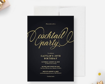 May include: A black rectangular invitation card with gold text reading "Please join us for a cocktail party" followed by "To celebrate CAITLIN'S 30TH BIRTHDAY" and event details including date, time, location, and RSVP information, paired with a white envelope.