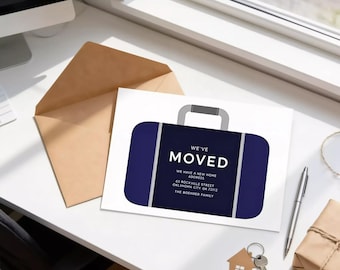 May include: A rectangular moving announcement card featuring a dark blue suitcase graphic with a grey handle. The text reads: WE'VE MOVED, WE HAVE A NEW HOME ADDRESS, 63 ROCKVILLE STREET, OKLAHOMA CITY, OK 73112, THE BOENHER FAMILY. Includes a brown envelope.