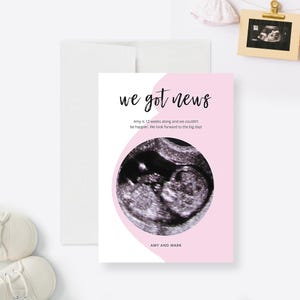Modèle de carte faire-part de grossesse avec téléchargement numérique ventre de femme enceinte, échographie de bébé, nous avons des nouvelles, nous sommes enceintes