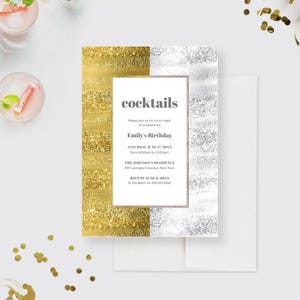 Cocktail Party Invitation Editable Template, Gold and Silver Birthday Digital Download, Elegant Rehearsal Dinner Invites, Sparkly and Shiny