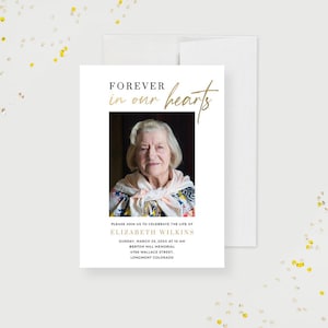 Modèle de carte commémorative pour toujours dans nos coeurs, invitation célébration de la vie avec photo, programme des funérailles téléchargement immédiat, ordre des événements