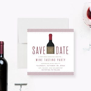 Wine tasting save the date card with minimalist typography and wine bottle graphic