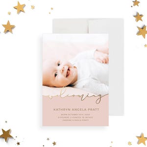 Gastvrije babyaankondigingskaart met foto, afdrukbare pasgeboren aankondiging, gepersonaliseerde geboorteaankondiging, kaart nieuwe aankomst babymeisje