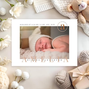 Tarjeta de anuncio de nacimiento moderna con foto, anuncio de bebé personalizado, tarjeta personalizada para recién nacido, bebé niño niña, bienvenida al bebé