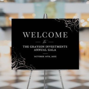 Elegant Printable Welcome Sign Gala Night Party Editable Office Sign Silver Marble Corporate Event Party Sign