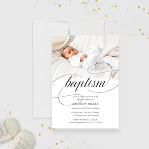 Baptism Invitation with Photo Template, White Baptism Invites Digital Download, Printable Baptism Card, Simple Baptism Invite