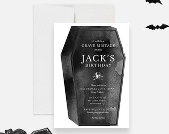 Plantilla editable de invitación a la fiesta del ataúd, descarga digital de error grave, invitación a la fiesta de cumpleaños de la muerte, muerte a mis 20, 30 y 40 años