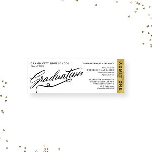 Graduation Ticket-Vorlage, Grad Elegante Ticket-Einladung, geben Sie einen druckbaren digitalen Download, Grad Event-Karten in Schwarz, Weiß und Gold