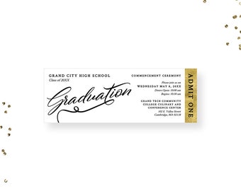 Plantilla de boleto de graduación, invitación de boleto elegante de posgrado, admitir una descarga digital imprimible, boletos para eventos de posgrado en blanco negro y oro