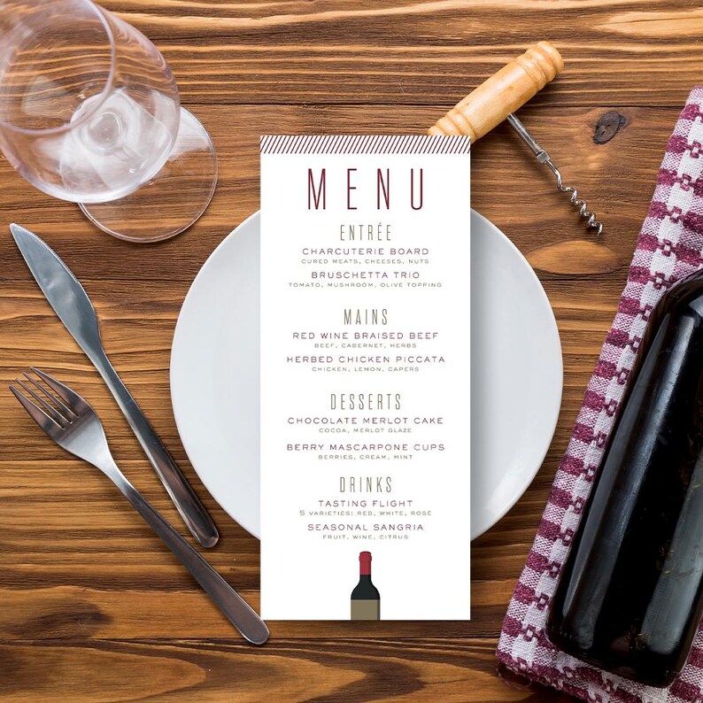 Wine tasting party menu card displaying courses and wine selections in an elegant vertical layout