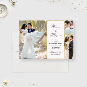 Plantilla editable de tarjeta de anuncio de boda para recién casados, tarjetas de boda con fotos de matrimonio, plantilla imprimible con fotos de "Nos fugamos"