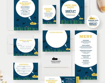 Submarine Children's Birthday Party Invitation, Under the Sea Kids Birthday Invites, Underwater Adventure, Ocean Theme Invitations