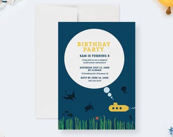 Submarine Birthday Party Invitation Template, Under the Sea Printable Digital Download, Sea Adventure Invitation
