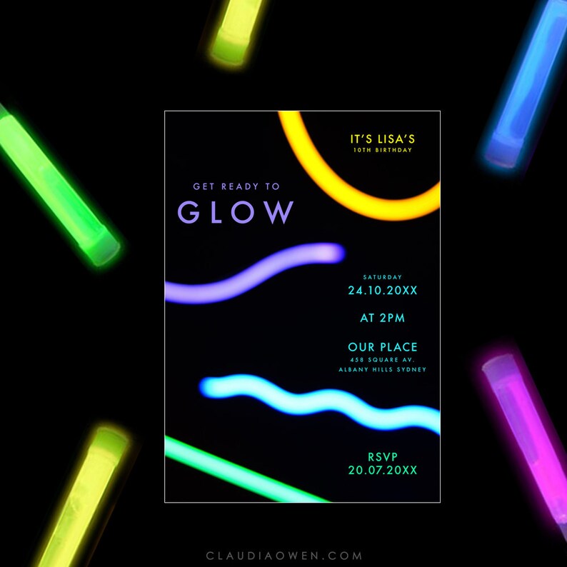 Lumo Party Neon Lights Neon Birthday Party Glow Party Invitation Colorful Invites Get Ready to Glow Birthday Party Glowing