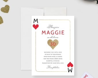 May include: A white card invitation with gold trim and red hearts. The invitation is for Maggie's 30th birthday party. The text on the card reads "Please join Maggie as she turns 30. Saturday, July 20th, 20XX at eight in the evening. Wind River Hotel & Casino, 3061 Red Wood Creek Drive, Riverton, Wyoming. Please RSVP by June 30th, 20XX. Dress fabulous."