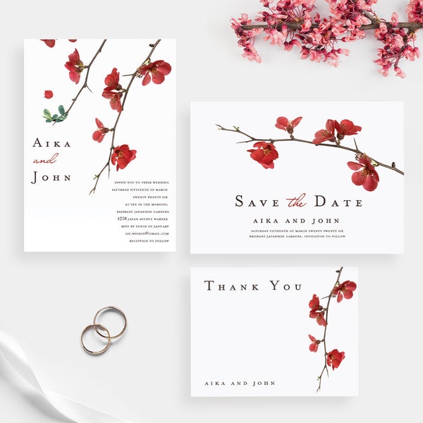 Cherry Blossoms Japanese Wedding Invitation, Spring Save the Date Cards, Summer Asian Themed Wedding, Oriental Thank You Cards