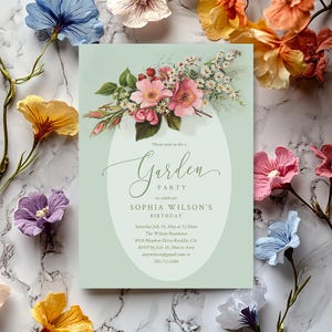 Convite para festa no jardim Download digital, convites florais de aniversário de primavera para mulheres Download instantâneo Impressão, cartões de chá de panela