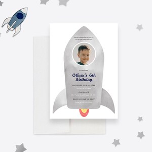 Spaceship Kids Birthday Invitation Editable Template, Outer Space Adventure Digital Download, Rocket Ship Space Shuttle Birthday Photo Card