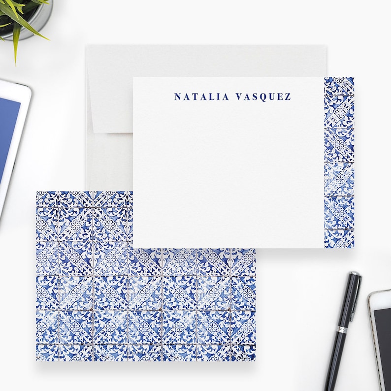 Personalized Stationery Set for Women, Italian Blue Tiles Modern Home Office Note Card, Mediterranean Design Elegant Adult Stationery image 1