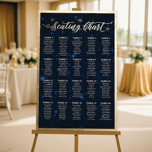 Può includere: Un cartello rettangolare per il tableau de mariage con uno sfondo blu notte stellato e scritte dorate. Il cartello presenta il testo Seating Chart in alto, seguito da venti tavoli con nomi in bianco, il tutto incorniciato da un bordo oro.