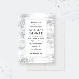 Dinner Party Printable Invitation Template, Business Winter Gala Invitation Digital File Download, Silver Corporate Event Instant Download
