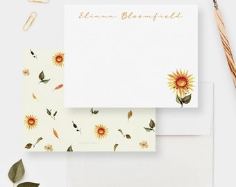 Sunflower Floral Flat Note Cards Personalized Botanical Flower Note Card, Personal Womens Stationery, Summer Sunflower Stationery Gift