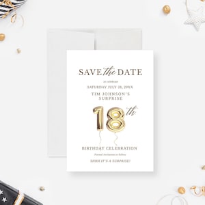 Modèle de carte « Save the Date » du 18e avec 18 ballons en téléchargement numérique, fichier numérique « Save the Date » du 18e anniversaire de mariage