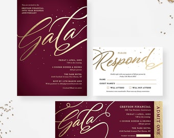 Plantilla de invitación de gala con RSVP y boleto a juego, burdeos, granate y dorado, descarga digital corporativa profesional para empresas