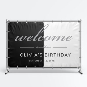 Modèle modifiable de toile de fond photo de fête noir et blanc, imprimable 5 pi x 3 pi, téléchargement numérique instantané, toile de fond de photographie d&#39;anniversaire