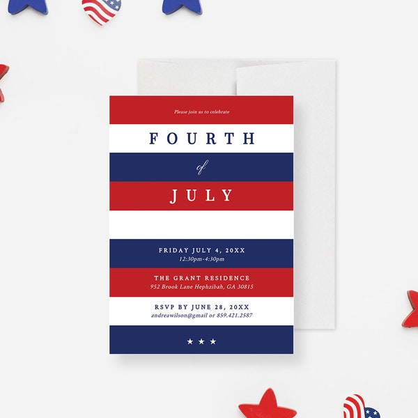 Patriotic Political Party Invitation Template, USA Red White and Blue Stripes, 4th of July Digital Download, Election Party