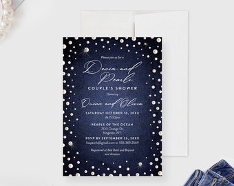 Denim and Pearls Couples Wedding Shower Printed Party Invitations, 30th 40th 50th 60th Denim Theme Birthday Party Invites