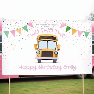 School Bus Party Sign Template in Pink, Wheels on the Bus 2nd Birthday Banner Digital File, Second Birthday Bus Sign Printable Backdrop
