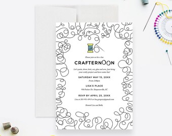 May include: A white invitation card with a black line-art border of tangled thread and a central spool icon. The text reads: Please join us for a fun CRAFTERNOON, Let's paint, draw, knit, cut, glue and sew. Just bring your crafty project and have some fun! SATURDAY MAY 15, 20XX, From 2:00pm, LISA'S PLACE, 950 Parker Dr. Simpsonville, SC, RSVP BY APRIL 25, 20XX, Hosted Lisa and Bella.