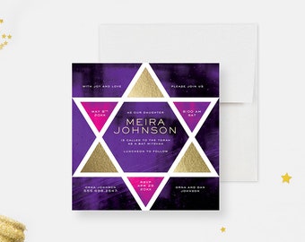 Purple and Gold Bat Mitzvah, Unique Star of David Invites, Bar Mitzvah Invitation Card with Jewish Star, Religious Jewish Celebration