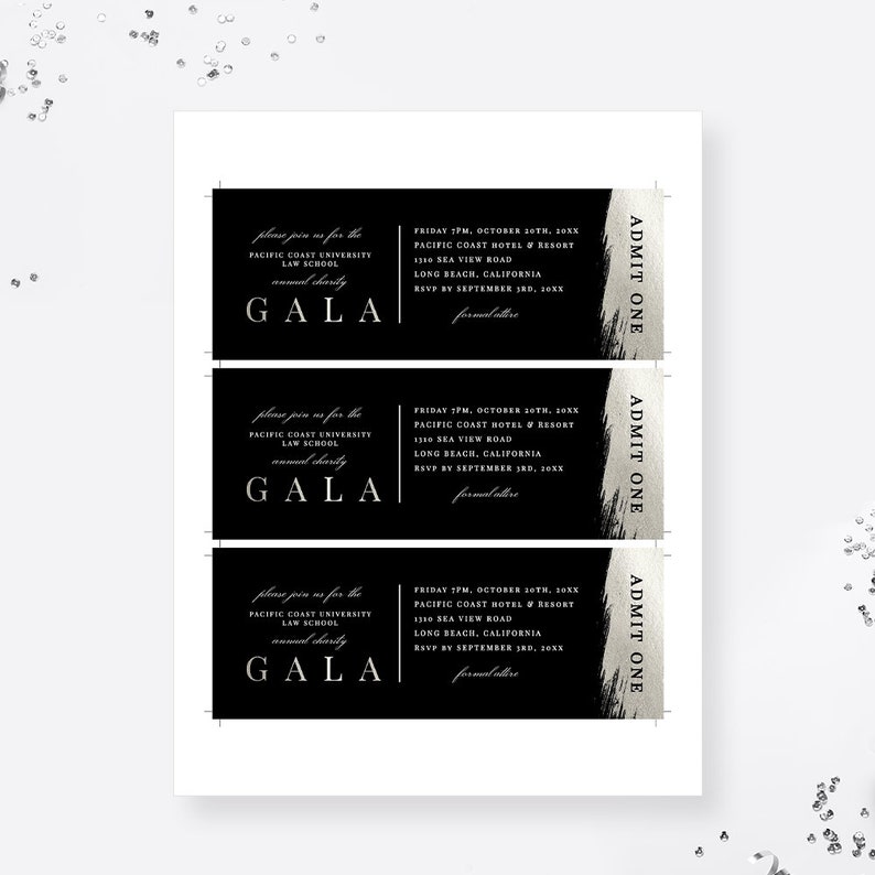 May include: Three black and silver admission tickets for a Pacific Coast University Law School Gala. The tickets have a black background with white text and a silver stripe with the words "ADMIT ONE" in white text. The text on the tickets includes the date, time, location, and dress code for the event.