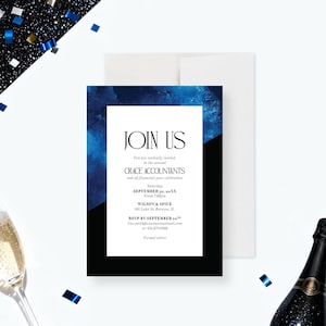 May include: An invitation card with a white rectangular center, black border, and blue watercolor accents. The text "JOIN US" is at the top, followed by event details for Grace Accountants, including the date, time, and location. Formal attire is requested.