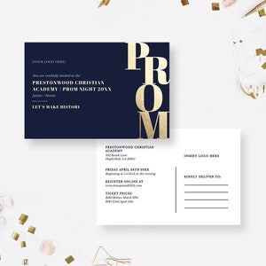 Modelo de cartão postal de baile, cartão postal formal de 6 x 4 polegadas, cartão postal personalizado de noite de baile, cartão postal de baile júnior sênior em azul marinho e dourado