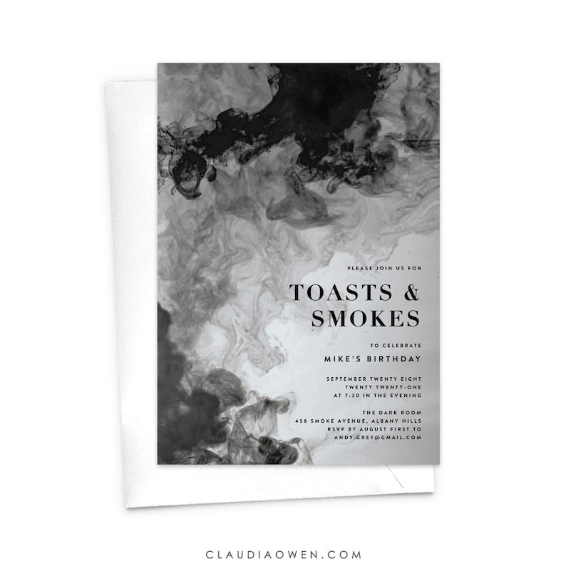 Gentlemen/'s Night Toasts and Cigars Men/'s Invitation Smokey Texture Masculine Bachelor Party Toasts and Smokes Invitation Smoke Ink