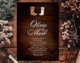 Western-Hochzeitseinladungs-Vorlage, Landhochzeit lädt zum digitalen Download ein, rustikale Boho-Einladungen mit Cowboy- und Cowgirl-Stiefeln