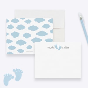 Carte de correspondance empreinte de bébé, nuages bleus, papeterie pour bébé, cadeau de shower de bébé, papeterie personnalisée, cartes de remerciement pour baby shower