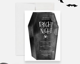 Fright Night Halloween Party Invitation Template with Coffin Illustration, Halloween October Birthday Party Invite Digital Download