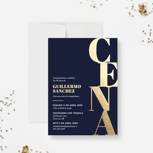 Invitación a la fiesta española Cena en azul marino y dorado, plantilla formal de fiesta de cena de cumpleaños, Cena de Cumpleanos, Invitaciones para Cumpleanos