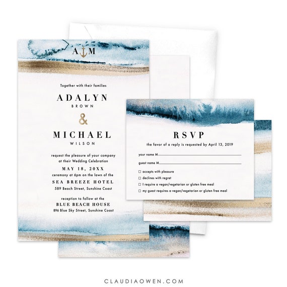 Beach Wedding Invitation Rsvp Card Blue Sea Cruise Etsy