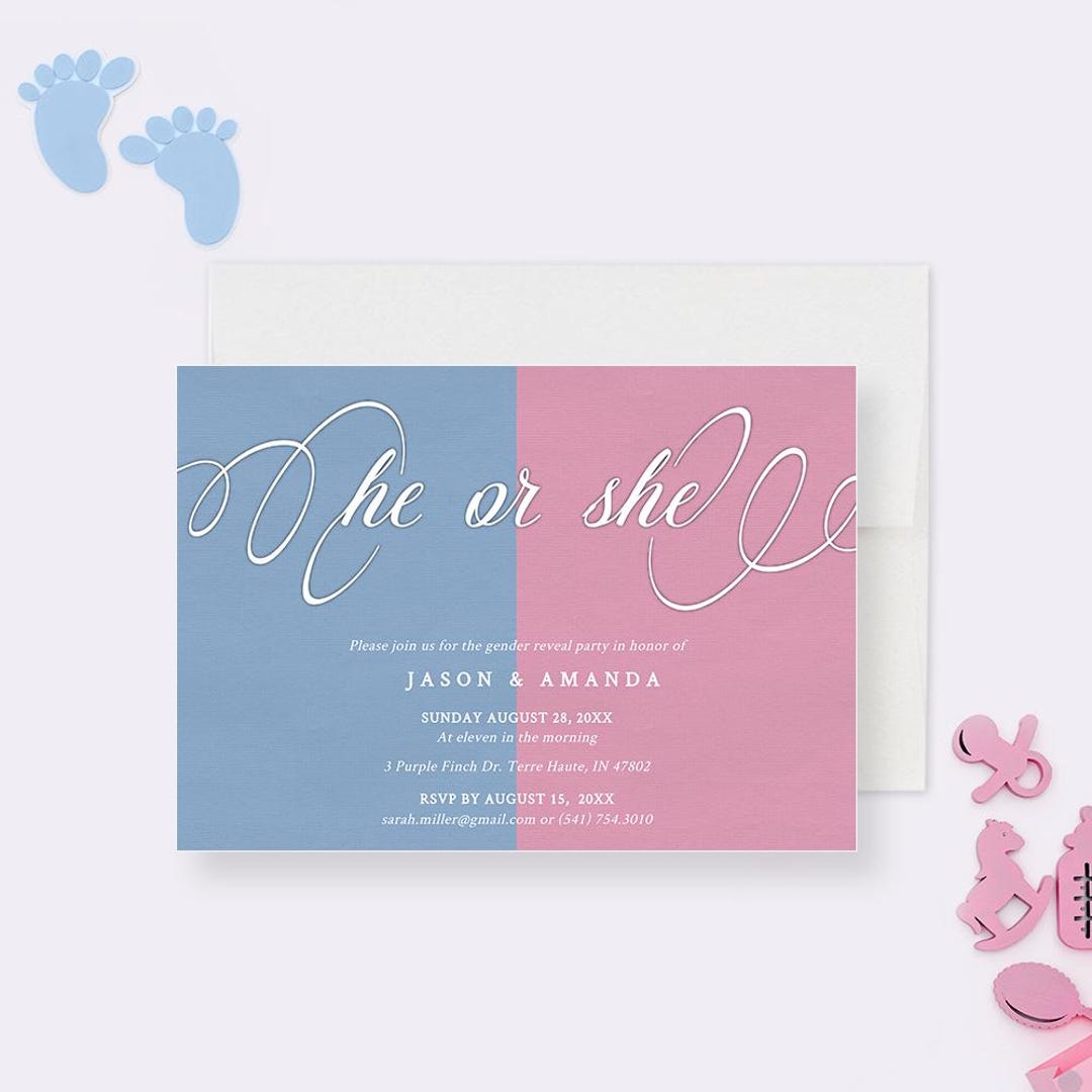 Gender Reveal Invitation Editable He or She Invite Modern Pink Blue ...