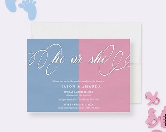 Gender Reveal Invitation Editable He Or She Invite Modern Pink Blue Baby Reveal Digital Template