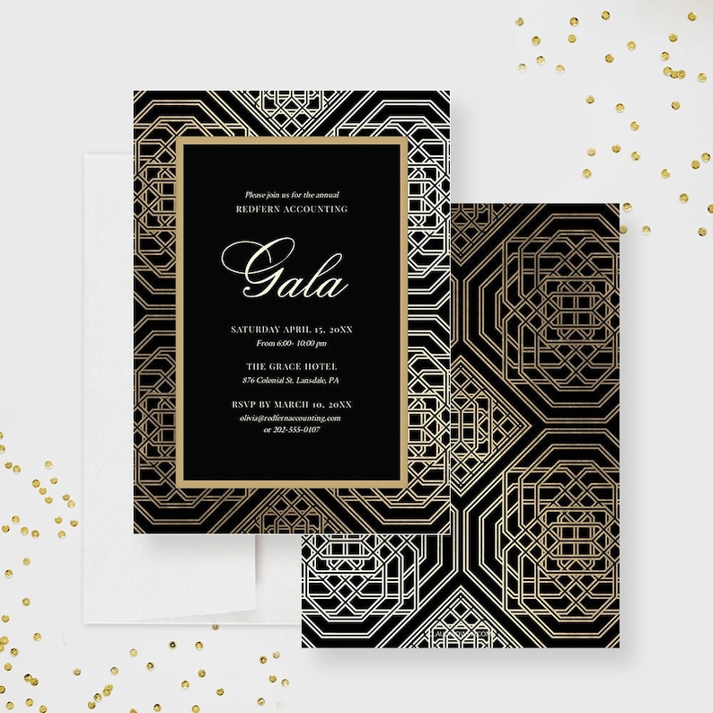 May include: Black and gold geometric patterned invitation for a gala hosted by Redfern Accounting. The invitation includes the date, time, location, and RSVP information.