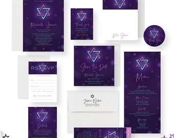 Unique Purple Bat Mitzvah Invites, Personalized Bat Mitzvah Save the Date, Star of David in Neon Lights, Jewish Thank You Card