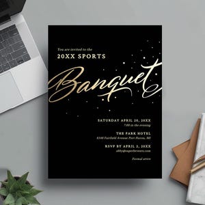 Bankett-Einladungsvorlage in Schwarz und Gold, professionelle Geschäftsveranstaltung, digitale Download-Karten für Unternehmen, Arbeitsfeier lädt ein