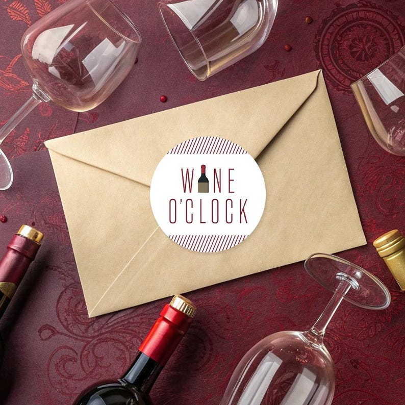 Round wine themed sticker featuring wine bottle icon and coordinated typography for sealing envelopes or favors